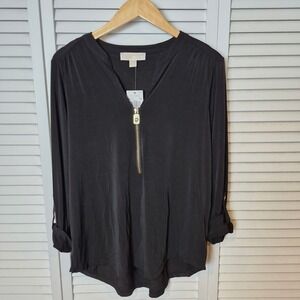 Michael Kors Black Roll Tab 3/4 Sleeve Blouse L Zip Front Gold Hardware Top NWT